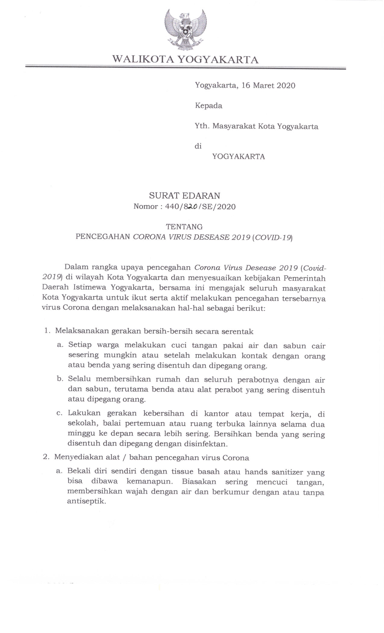 Surat Edaran Walikota Yogyakarta Tentang Pencegahan COVID-19